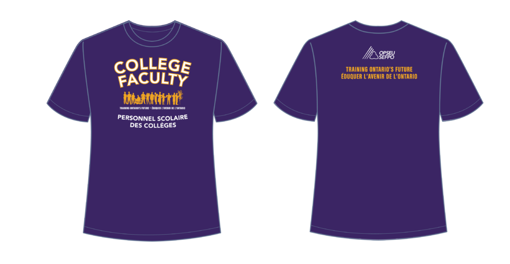 A mockup of a purple t-shirt. On the front, in white and orange font, it says "College Faculty, Training Ontario's Future - Éduquer l'avenir de l'Ontario -Personnel scolaries des Collèges." The back of the t-shirt repeats the bilingual tagline, "Training Ontario's Future - Éduquer l'avenir de l'Ontario."